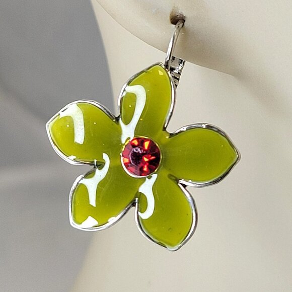 Green Enamel Flower Earrings with Red Rhinestone - Picture 1 of 10
